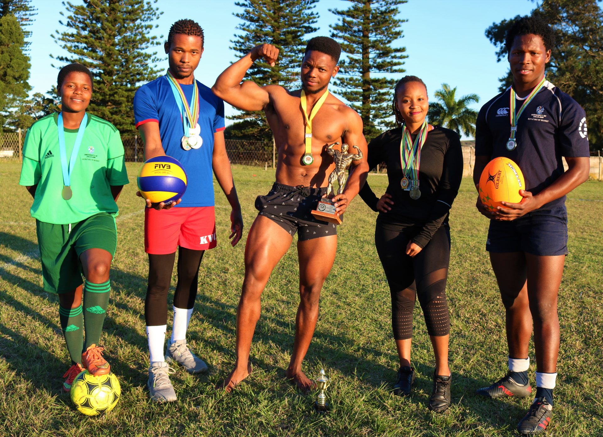 UNIZULU Ladies Swallows player Mbaliyethu Mhlongo, Volleyball team player Sandile Khoza, Senzo Mthembu from Bodybuilding, Lindelwa Ngubane from UNIZULU Aerobics team and Rugby team Captain
